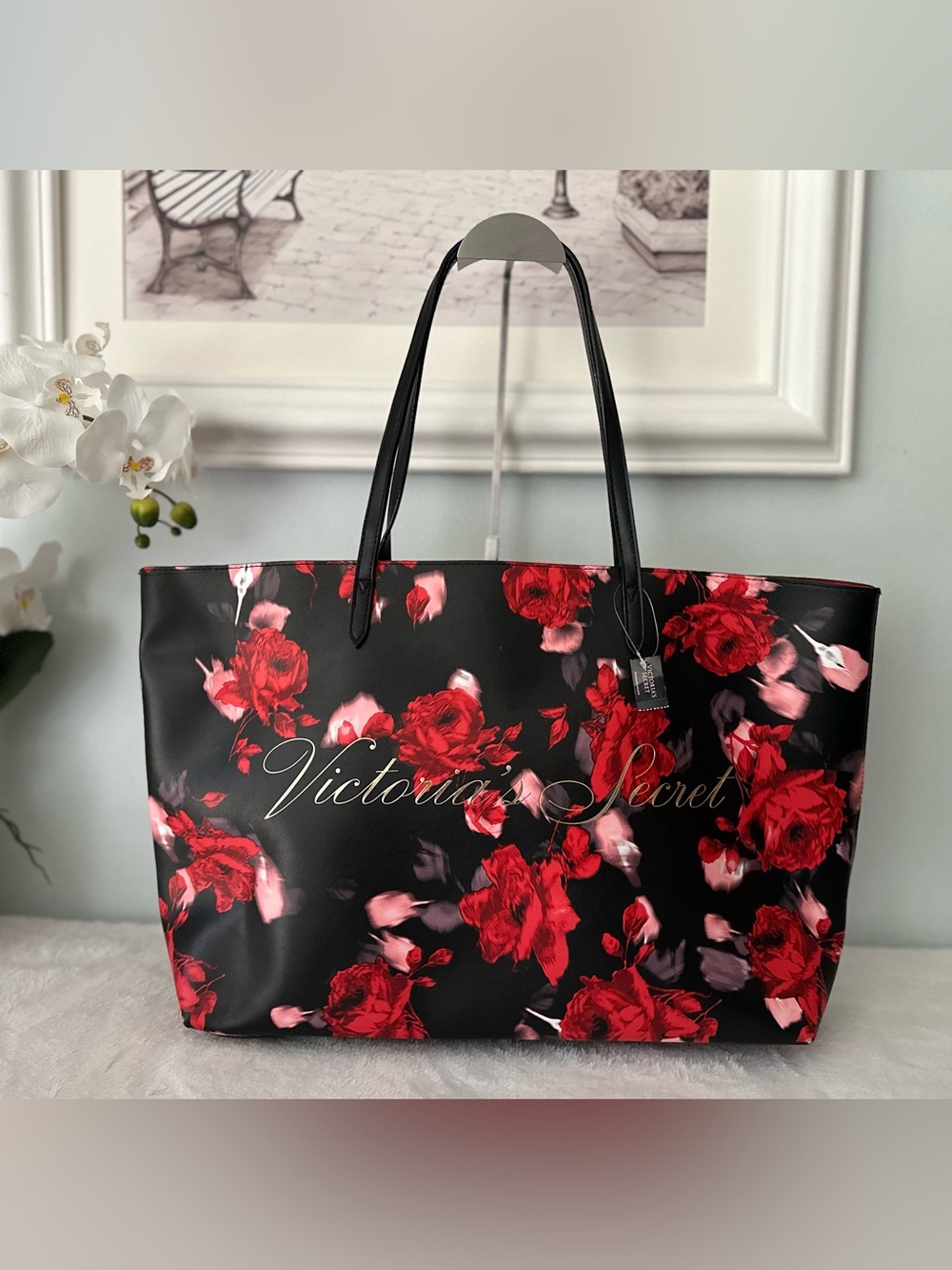 Victoria's Secret Black Red Rose Floral Large Tote Bag NWT